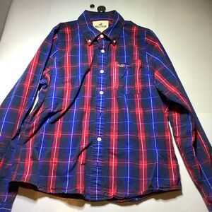 Hollister Mens Long Sleeve Plaid Shirt size XLarge Blue Red Button Up Cotton
